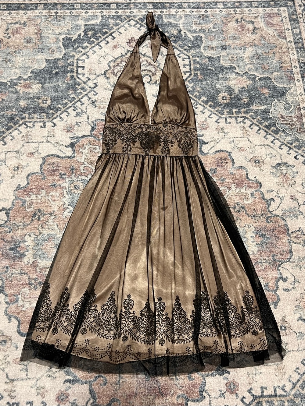 Adrianna Papell Bronze One-Shoulder Halter Dress with Black Lace Overlay